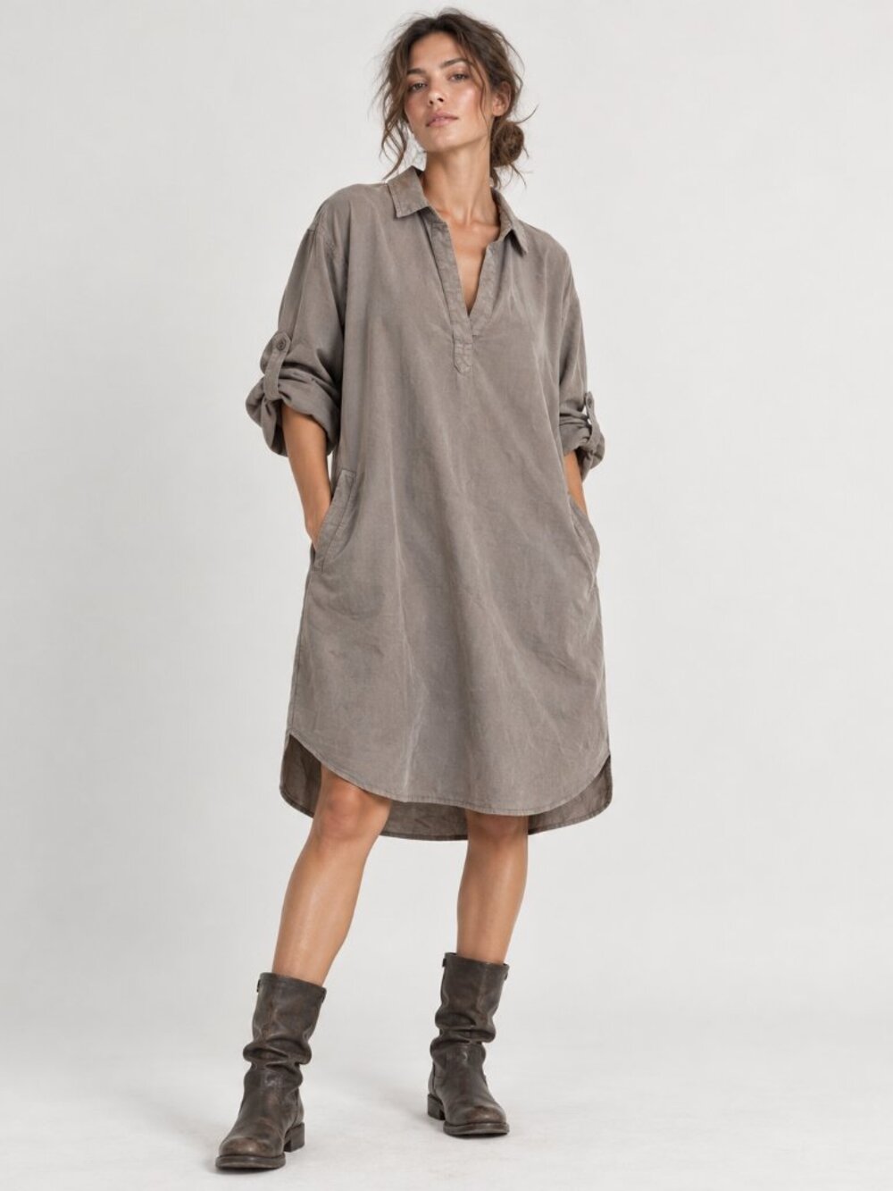 Be Cool Tencel Oversized Shirt Dress Tunic Medium Taupe Lagenlook Boho